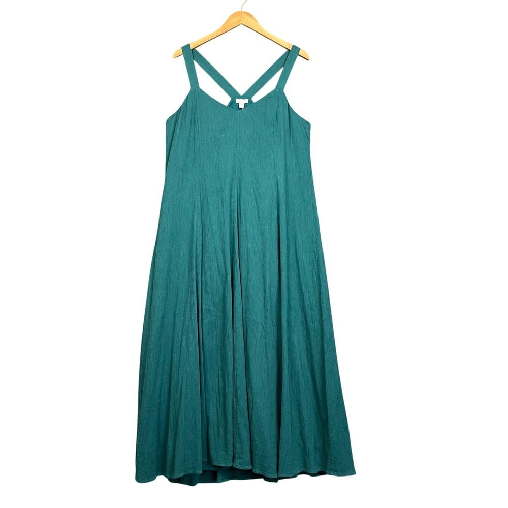 Garnet Hill Maxi Dress Womens L Teal Organic Cotton Crinkle Gauze Sleeveless